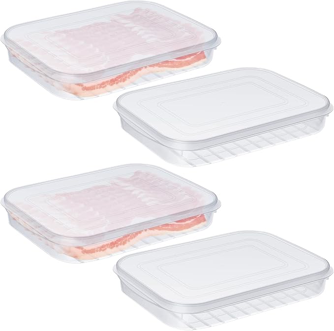 Suclain 4 Pieces Bacon Keeper Plastic Deli Meat Saver with Lids Airtight Cold Cuts Cheese Container for Fridge Food Refrigerator Storage Box Shallow Low Cookie Holder, 9.65 x 7.28 x 1.38''