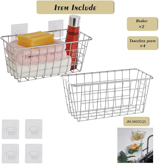 2 Pack Hanging Storage Basket, Bathroom Basket, Household Goods, with Traceless Tape, no Drilling, for Cabinet Storage, Kitchen, Bathroom, Storage Room,Chrome