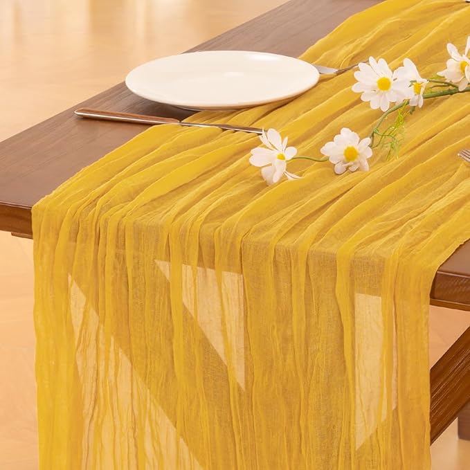 Socomi 3pcs Gold Yellow Summer Cheesecloth Table Runner Boho Rustic Gauze 120 inch 10FT Cheese Cloth Sheer Runner for Wedding Party Baby Shower Birthday Home Decor Holiday Decorations