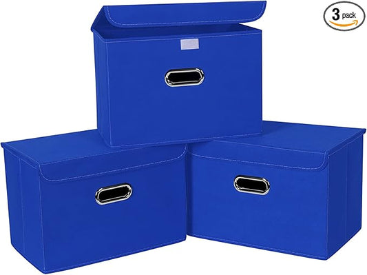Linen Fabric Foldable Collapsible Storage Cube Bin Organizer Basket Fabric Storage Bins with Lid, Leather Handles, Removable Divider for Home, Closet, Dark Blue 3Pcs