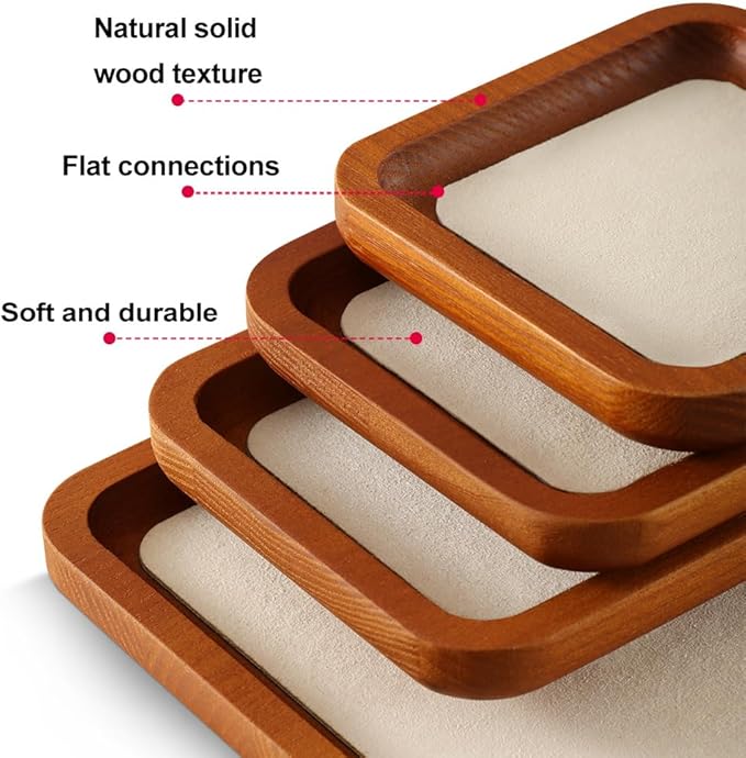 Wooden Jewelry Display Tray Rounded Rectangle Ring Showcase Stackable Elegant Bracelet Watch Jewelry Organizer for Personal Use and Commerce (Old Lace, Small-W 3.9'' x H 0.6'' x L 3.9'')