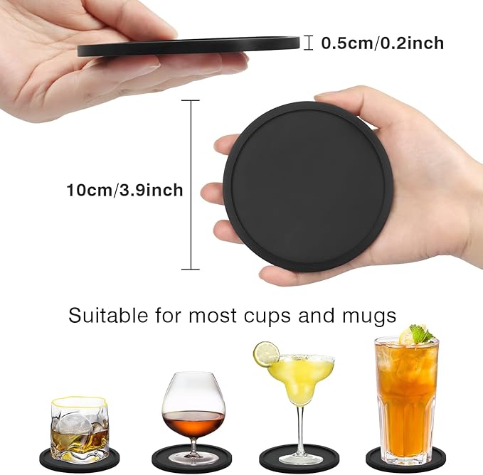 2 Pack Silicone Coasters for Drinks, Round Black Coaster with Deep Tray Grooved Design Cup Mat, Washable Heat Resistant Durable Non-Slip Coasters for Coffee Table Wooden Desk Kitchen Bar