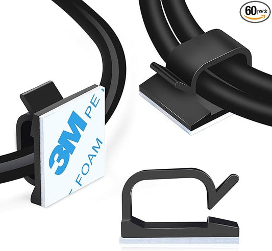 XHF 5/8” Adhesive Cable Wire Clips Black 60pcs, Cable Staples Outdoor Cable Management Wire Organizer Cord Holder for Under Desk, Car, Wall, TV PC Ethernet Cable