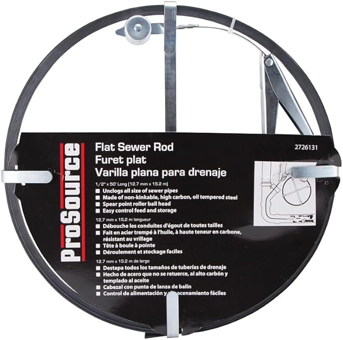 Edward Tools Sewer Rod Snake – 50-Foot Flat Drain Cleaning Rod – Steel Cable with Zinc Plated Frame – Heavy Duty 1/2 Inch Diameter for All Sewer Pipe Sizes