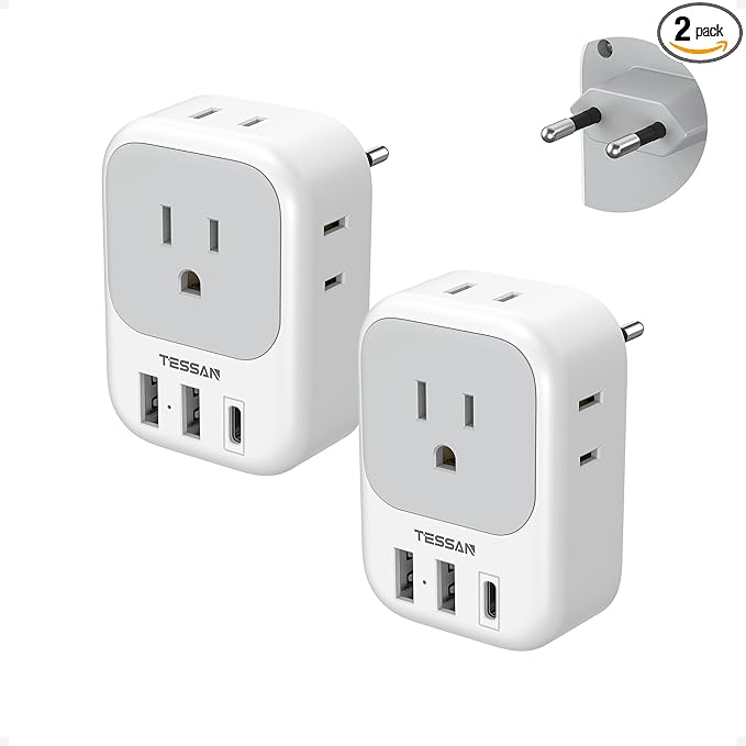 2 Pack European Plug Adapter USB C, TESSAN US to Europe Adapter 4 Outlets 3 USB Charger, Type C International Power Adapter to Italy Spain France Portugal Iceland Germany, Europe Travel Essentials