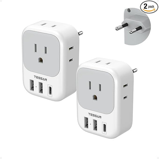 2 Pack European Plug Adapter USB C, TESSAN US to Europe Adapter 4 Outlets 3 USB Charger, Type C International Power Adapter to Italy Spain France Portugal Iceland Germany, Europe Travel Essentials