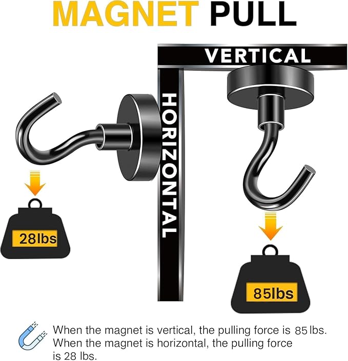 DIYMAG Magnetic Hooks, 85 LB Black Heavy Duty Strong Magnet with Hook, Rare Earth Neodymium Magnets for Hanging, Magnetic Hanger for Curtain, Home, Kitchen, Workplace, 12 Packs