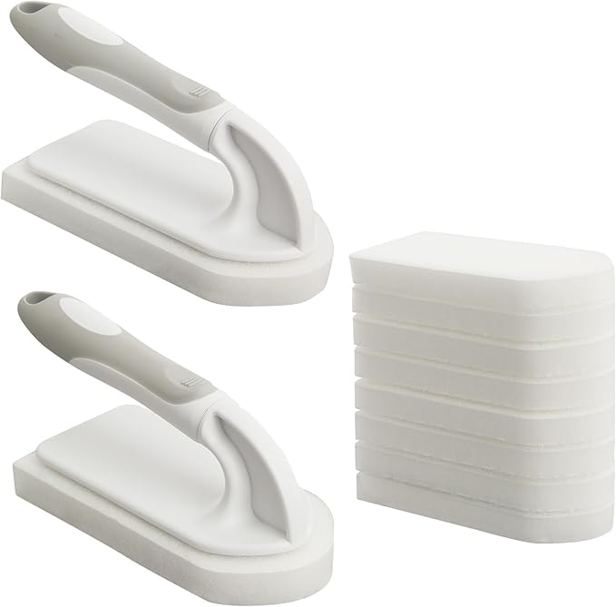Yocada Handheld Cleaning Scrub Brush Set 2 Pack with Total 10 Hook-Shaped Scouring Pads Heavy Duty Cleaning Pads for Stubborn Stains Bathroom Kitchen Sink Tile Grout Clean