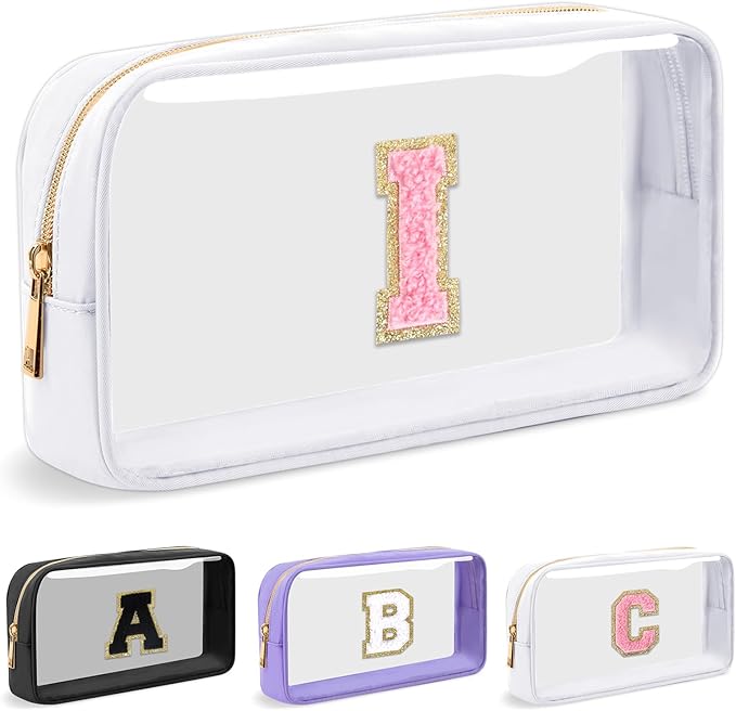 Personalized Initial Letter Clear Makeup Bag, Preppy Small Nylon&PVC Cosmetic Zipper Bag with Chenille Letter, Travel Skincare Toiletry Bag, Monogram Christmas Gift for Teen Girls Women, I
