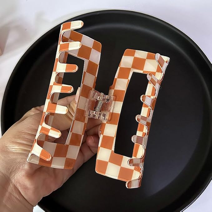 3 Pack Checkered Hair Claw Clips, Large Checker Hair Catch Barrettes 4inch Hair Clamps Cute Hair Claw Hair Clips Hair Accessories for Thick Thin Hair for Women Ladies