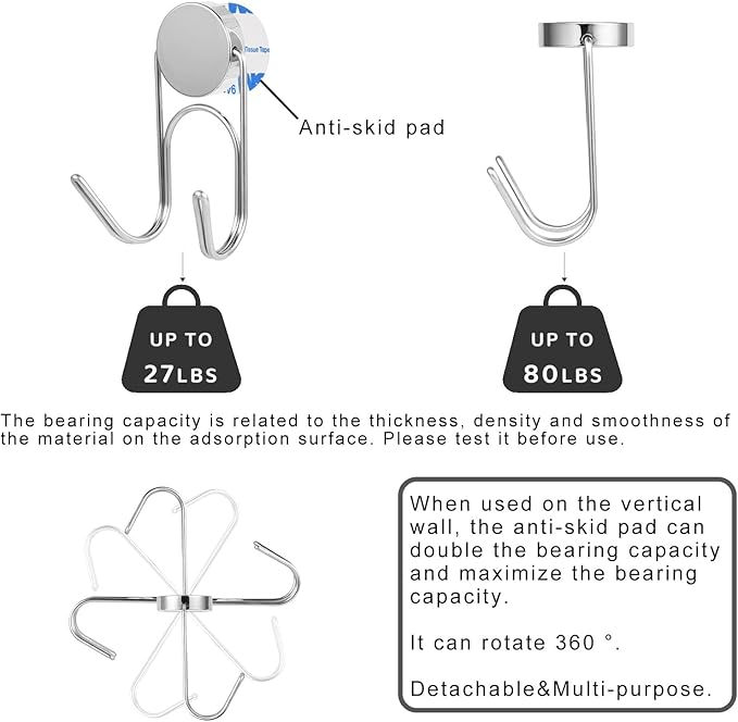 Magnetic Hooks 80Lbs+ 2026 Cruise Essentials Magnet Hook Heavy Duty Magnets Hanging Hooks for Refrigerator Grill Toolbox Cabins Outdoor 4 Pack (Silver)