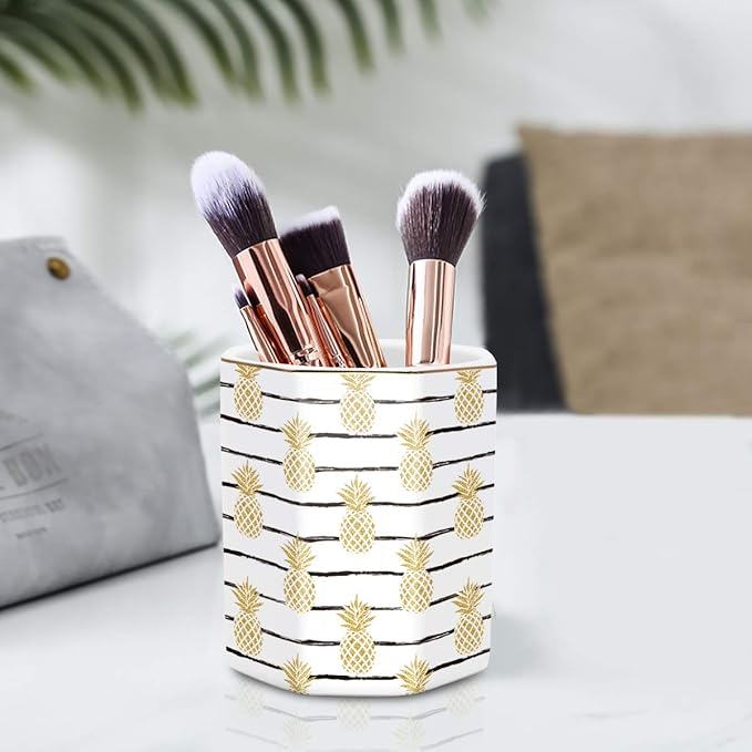 WAVEYU Pen Holder, Pencil Holder for Desk Pineapple Pattern Pencil Cup for Girls Kids Durable Ceramic Desk Organizer Makeup Brush Holder for Office, Classroom, Home, Yellow Pineapple