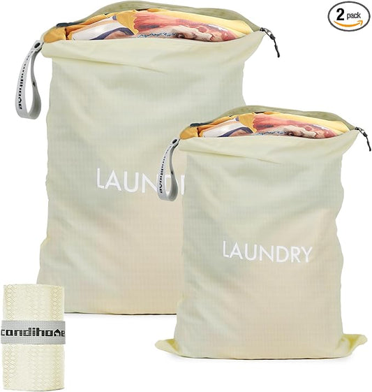 Travel Laundry Bag (2 Pcs - Large + Medium) - Foldable Waterproof Washable Wet Dry Bag for Gym, Swimming, Yoga, and Workout Perfect for Dirty Clothes, Bathing Suits, Travel Accessories (Beige)