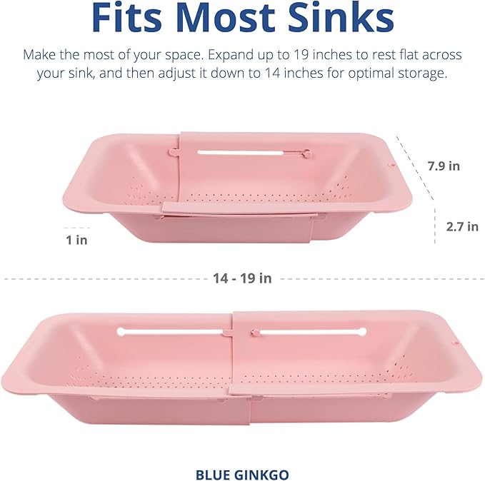 BLUE GINKGO Sink Colander Baskets - (Pack of 2) Wash Vegetables and Fruits, Drain Cooked Pasta and Dry Dishes - Extendable - New Home Kitchen Essentials (2 Pink)