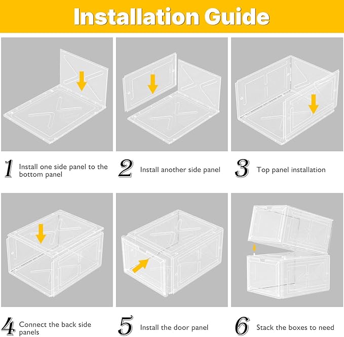 6 Pack Large Drop-Front Black Transparent Shoe Boxes, Stackable Sneaker Storage Container for Closet, Fits US Size 13+, Magnetic Front Door, Heavy-Duty Reinforced Plastic Shoe Organizer