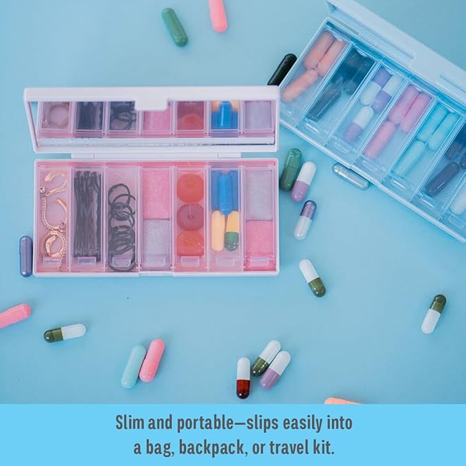 EQUADOSE Weekly Pill Case, 7-Day Medicine Organizer with Mirror, Compact Vitamin Storage Box, Pill Planner, 7 Individual Compartments for Supplements, Tablets, and Medications, Blue