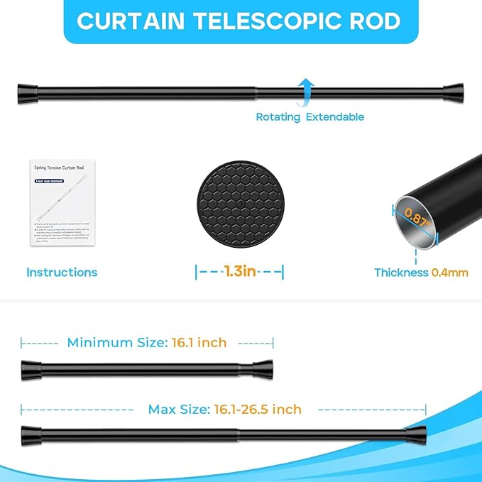 Black Small Tension Curtain Rod 16 to 26 Inch, 7/8" Inch Adjustable Short Curtain Rod No Drilling, Spring Curtain Rod for Windows Kitchen Closet Doorway