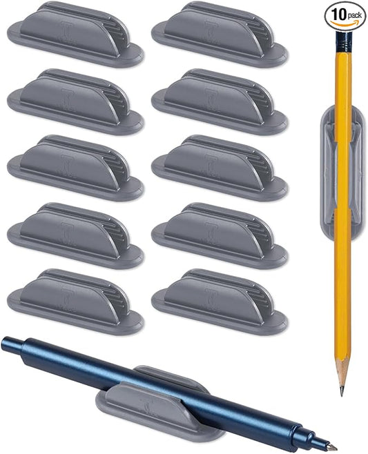 Adhesive Pencil Holders for Desk Set of 10 - Silicone Pen Holder with 15 PCS Adhesive Pads - Flexible Pencil Holder for Office Essentials Accessories and Teacher Supplies - Grey