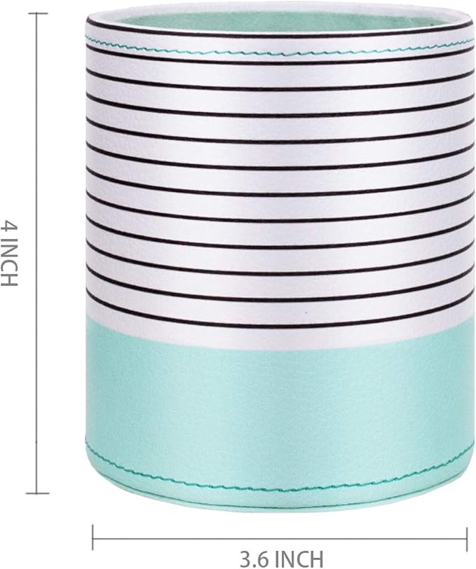 WAVEYU Pen Holder, Pencil Cup Pot Desk Organizer Multi Purpose Use Cute for Adults Kids Luxury Leather Makeup Brush Holder for Home, Office, Classroom, Stripes Mint Green