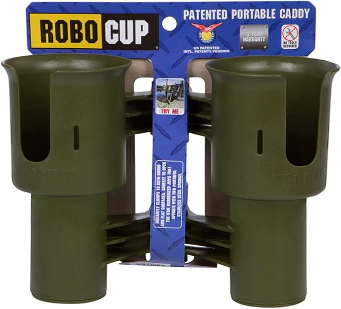 ROBOCUP, (Olive), Patented Clamp On Boat Cup Holder |Multifunction Dual Drink Caddy for Fishing Poles, Tools, Net, Gaff |Portable Storage for Boating, Beach, Umbrellas, Golf Carts, Strollers