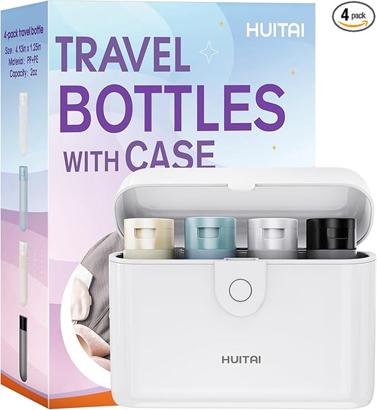 Travel Bottles with Case, 4x2oz TSA Approved, Leak-Proof, Press to Unlock, Compact & Portable Travel Toiletries (White)