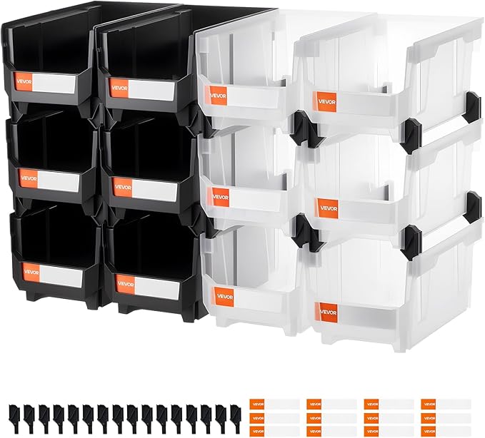 VEVOR Plastic Stackable Storage Bins, 14.8 x 8.5 x 7.1 inch (12 Pack), Plastic Containers for Organizing & Storage Bins for Garage, Small Parts, Office Supplies, Other Accessories, Black & Transparent