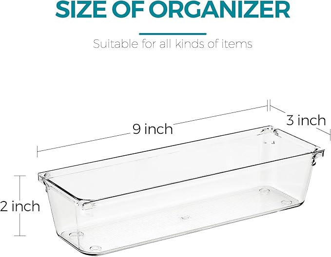 12 Pack Drawer Organizer - 3" X 9" Clear Acrylic Storage Bins with Non-Slip Pads, Versatile Desk Tray for Makeup, Jewelry, Kitchen, Bathroom, and Office Organization
