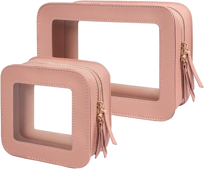 2 Pcs Travel Clear Makeup Bag Set, Clear Pink Makeup Organizer with Zipper Leather Travel Bags for Toiletries Small Cosmetic Bags for Women Mini Make up Pouch Toiletry Bags Car Essentials
