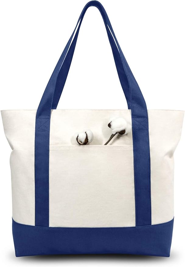 TOPDesign 30-Pack Canvas Tote Bags with an External Pocket, Reusable Grocery Shopping Bags, Top Zipper Closure, Daily Essentials (Blue/Natural)