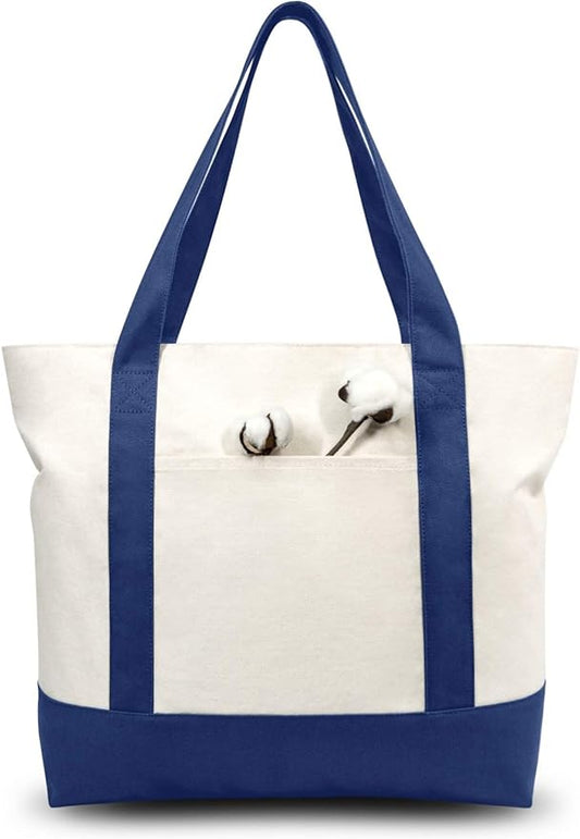 TOPDesign 30-Pack Canvas Tote Bags with an External Pocket, Reusable Grocery Shopping Bags, Top Zipper Closure, Daily Essentials (Blue/Natural)