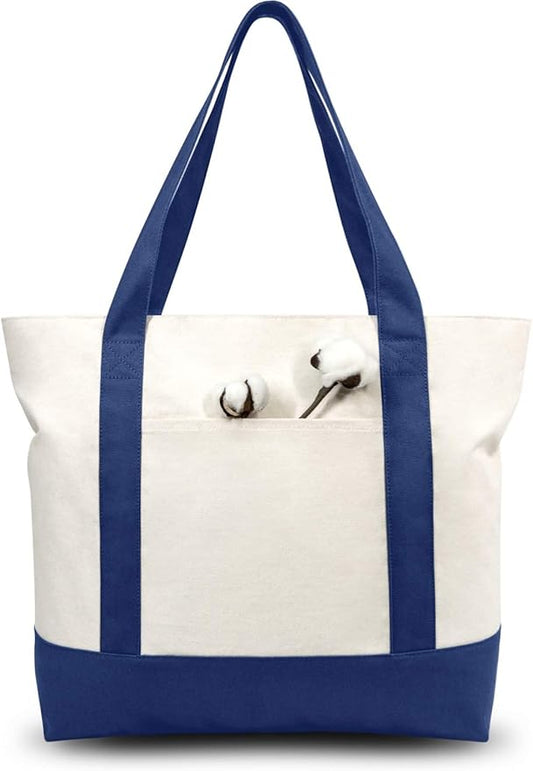 TOPDesign 1-Pack Canvas Tote Bag with an External Pocket, Reusable Grocery Shopping Bag, Top Zipper Closure, Daily Essentials (Blue/Natural)