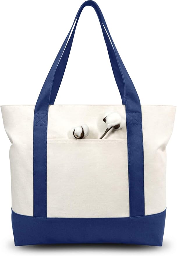 TOPDesign 6-Pack Canvas Tote Bags with an External Pocket, Reusable Grocery Shopping Bags, Top Zipper Closure, Daily Essentials (Blue/Natural)