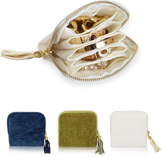 Stratalife Travel Jewelry Case Organizer for Women Portable Jewelry Box with Small Pouches for Gemstones Healing Crystal Bracelets, Necklace Bangles Storage, Pendants Ring Holder Zipper, White Tassel