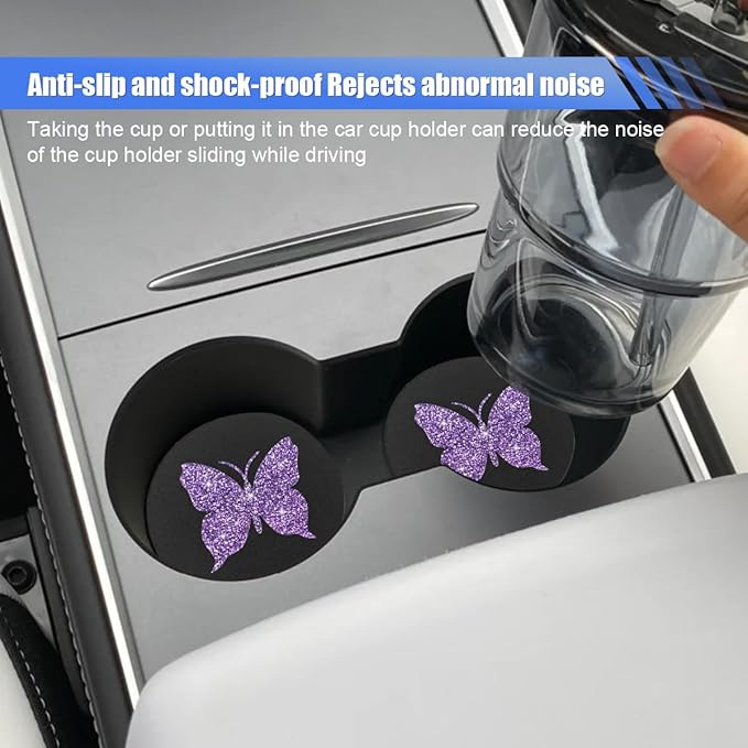 2PCS Bling Butterfly Car Coasters, 2.75'' Anti Slip Insert Cup Holder Coaster, Rhinestone Vehicle Cup Holder Decoration Pad, Universal Auto Interior Drink Water Bottle Mat Accessory (Purple)
