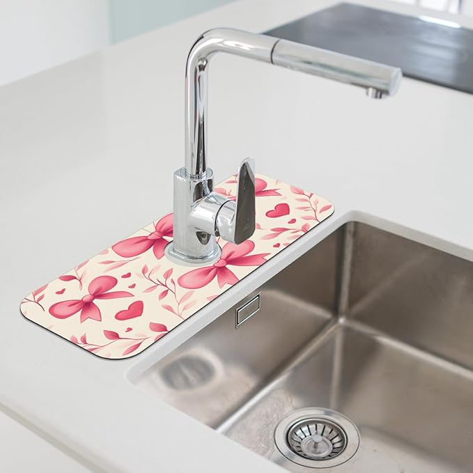 1 PC 15.4*5.7 Inch Absorbent Faucet Mat for Kitchen Sink Splash Guard Fast Drying Kitchen Faucet Mat for Bathroom Kitchen Bow Tie