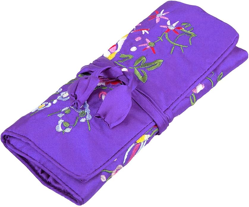 TUMBEELLUWA Embroidery Travel Jewelry Bag Roll Embroidered Flower and Bird Brocade Organizer with Tie Close