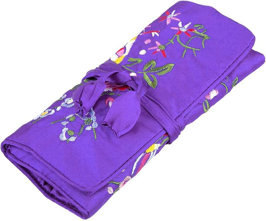 TUMBEELLUWA Embroidery Travel Jewelry Bag Roll Embroidered Flower and Bird Brocade Organizer with Tie Close