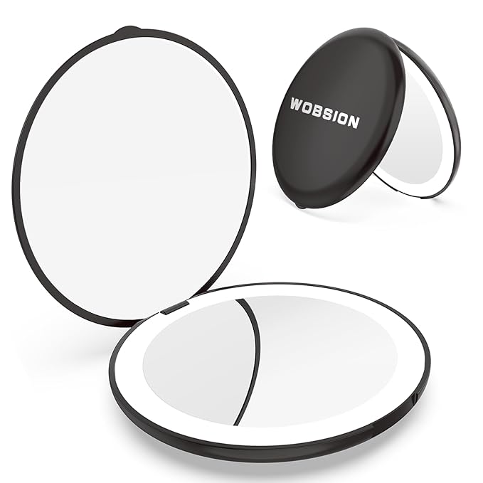 WOBSION Travel Compact Mirror,Portable 1x/10x LED Makeup Mirror with Magnification,Handheld 2-Sided Pocket Mirror, 3.5in Small Mirror for Purse,Handbag,Gift,Black