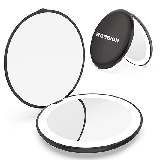 WOBSION Travel Compact Mirror,Portable 1x/10x LED Makeup Mirror with Magnification,Handheld 2-Sided Pocket Mirror, 3.5in Small Mirror for Purse,Handbag,Gift,Black