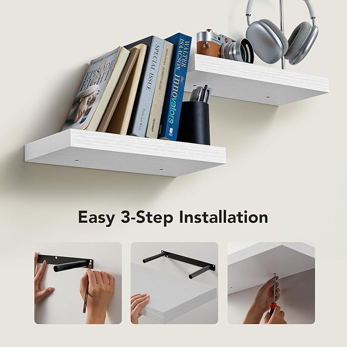 AMADA HOMEFURNISHING Floating Shelves Wall Mounted, 15 x 7 Inch Wall Shelves for Bathroom, Bedroom, Living Room, White Shelves Set of 2