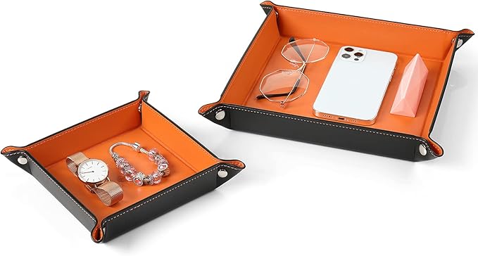 Vlando Valet Tray for Men Women, Nightstand Organizer Vanity Catchall Holder for Dresser Desk Storage Bedside, Travel PU Leather Jewelry Key Bowl Coin Watches and Candy Entryway Tray - Small Size