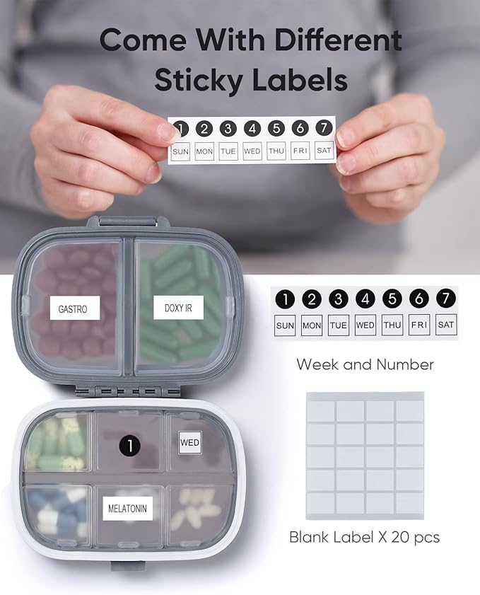 Holii Travel Pill Organizer, 8 Compartments Portable Pill Case, Daily Pill Box to Hold Vitamins, Small Pill Container for Pocket Purse Medicine Organizer（Gray）