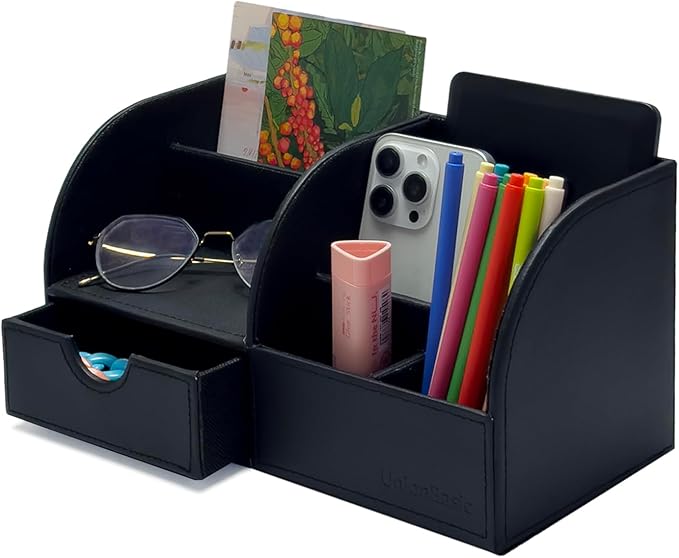 UnionBasic Desk Organizer - Multifunctional Leather Desktop Pen Holder Storage Box - Business Card/Pen/Pencil/Mobile Phone/Stationery Holder, Black