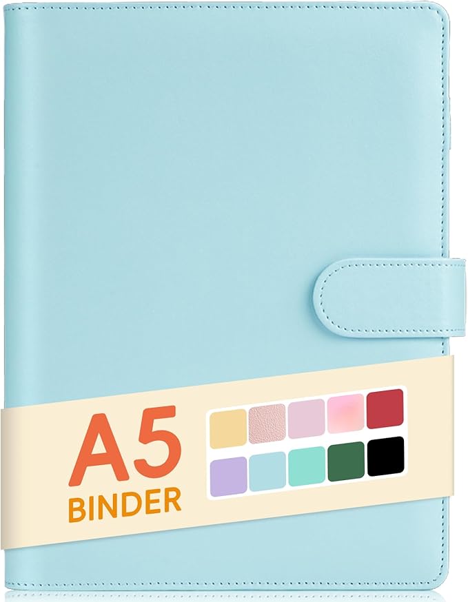 Sooez A5 Notebook Photocard Binder, 6 Ring Planner, Stylish Loose Leaf Personal Organizer Cover with Magnetic Buckle, PU Leather Binder Women with Macaron Colors (Mint Blue)