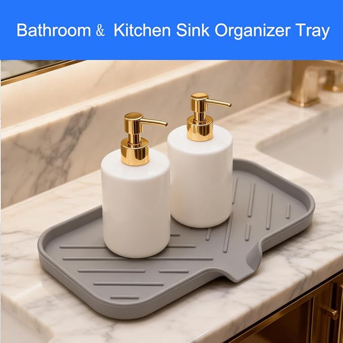 Sponge Holder for Kitchen Sink, Silicone Sponge Dish Tray with Drain Spout, Soap Dispenser Holder for Shower Bathroom (Grey, 9.8" x 4.9")