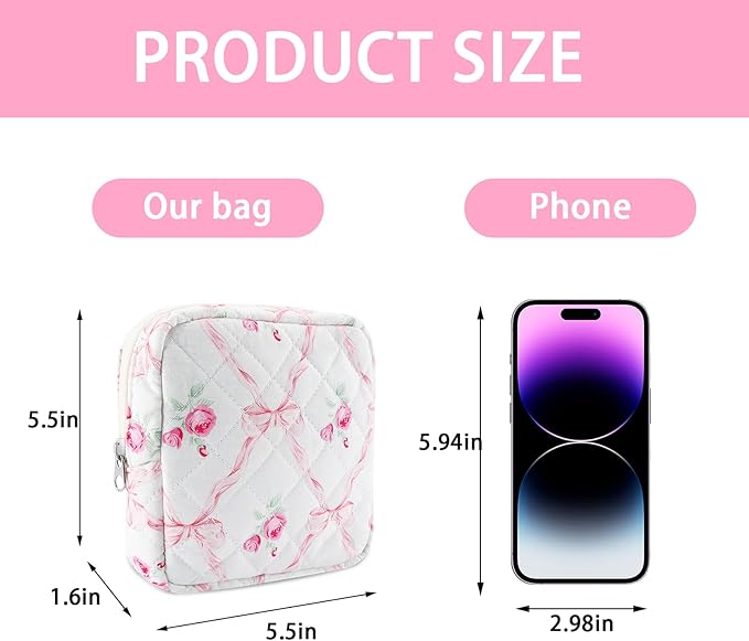 Small Quilted Cotton Makeup Bag for Purse Mini Cosmetic Period Bag for Women Cute Pink Flower Bow Makeup Sanitary Pouch Portable Travel Toiletry Bags with Zipper Christmas Birthday Gifts