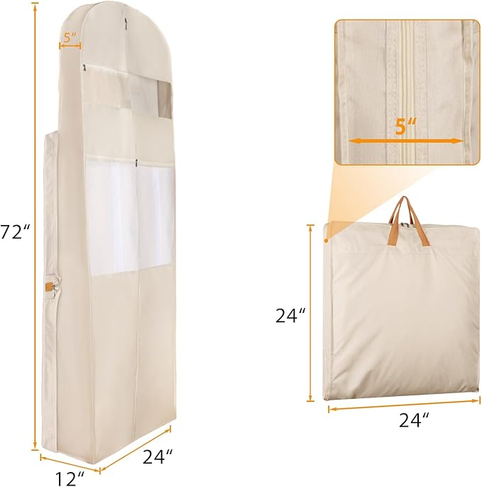 Zilink 72" Wedding Dress Garment Bag Dress Bags for Gowns Bridal Garment Bag for Long Dresses with 12”Gusseted and Accessory Pockets for Wedding Dress, Puffy Gowns [Upgraded Version], Beige