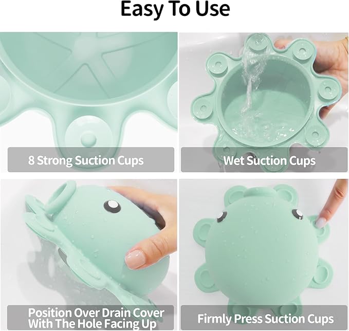 Bathtub Overflow Drain Cover - Silicone Bath Tub Drain Cover, Octopus Tub Overflow Drain Stopper with Suction Cups, Adds Inches of Water for Deeper Bath, Bathroom Spa Relaxing Accessory, Aqua Green