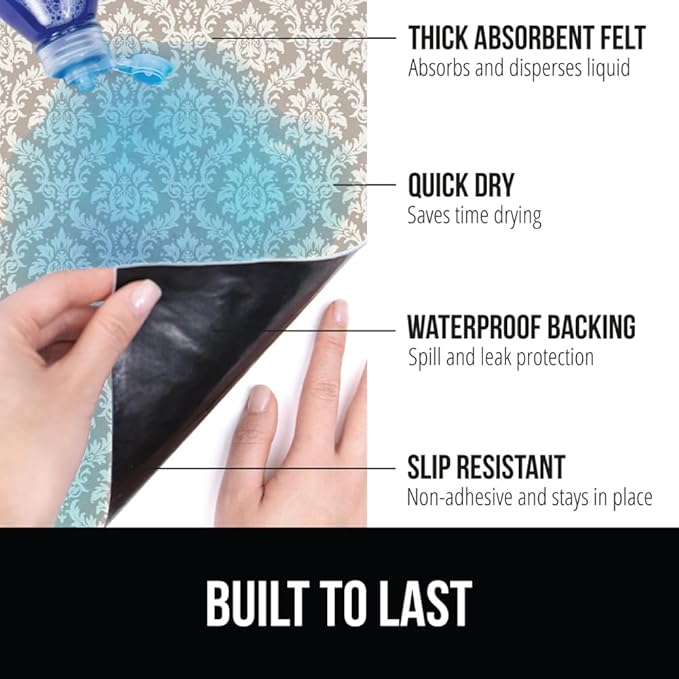GORILLA GRIP LeakGuard Non-Adhesive Under Sink Mat for Kitchen Cabinet, Waterproof Quick Dry Shelf Liner, Durable Absorbent Felt Mats for Bathroom Sinks, Cabinets, Dresser, 24x30 Damask Taupe Cream