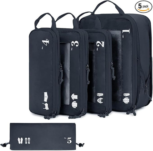 ECOHUB 5 Set Compression Packing Cubes for Suitcases Organizer Bags Set Travel Essentials with Shoe Bags for Travel Tear-resistant Travel Accessories with ID Tag Expandable Packing Bags (Navy Blue)